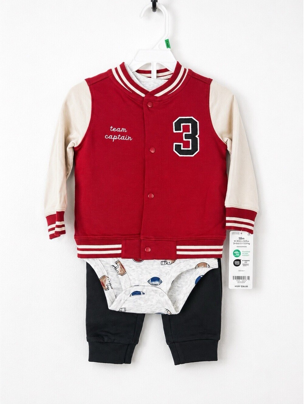 Carter's Boys 3-Piece Outfit Set 18M NWT Varsity Jacket Bodysuit Pants Gray Red